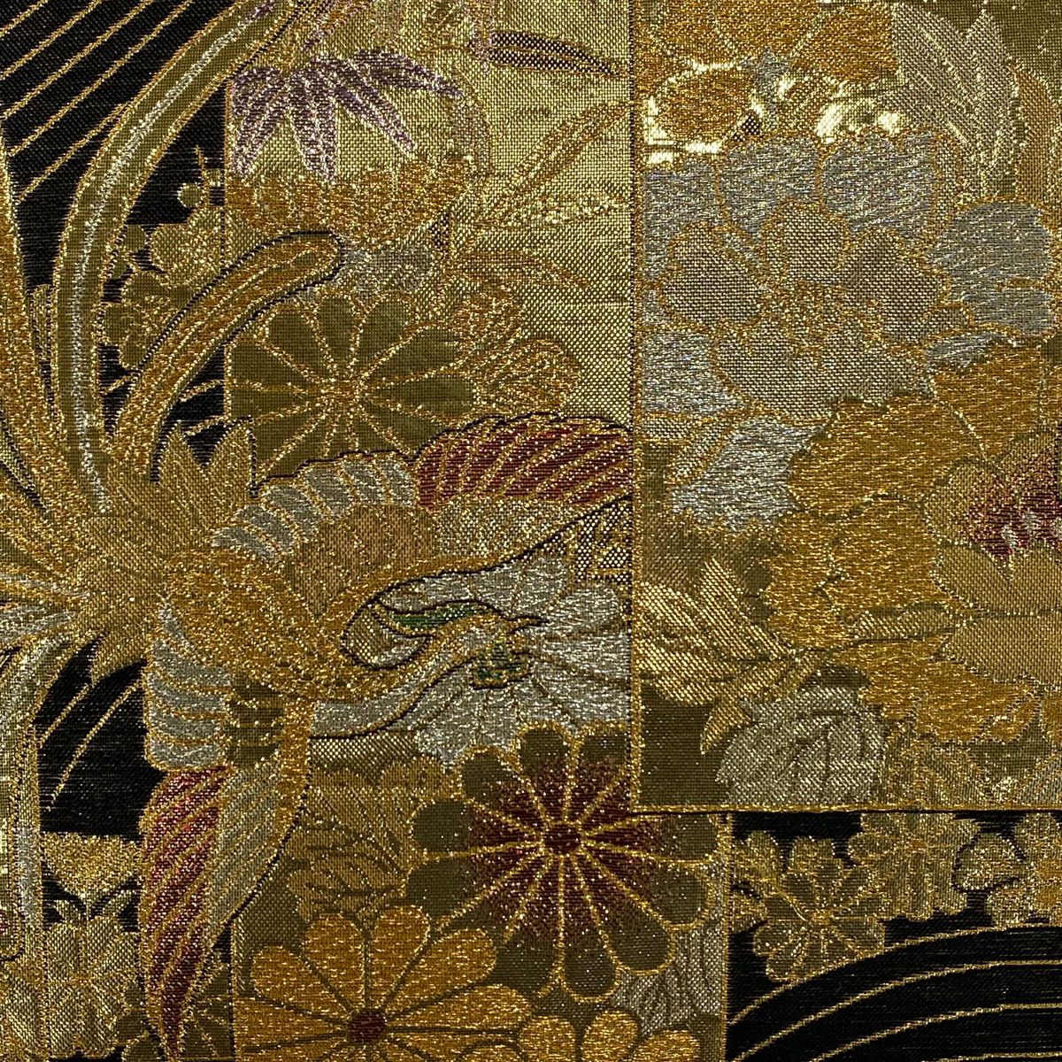 袋帶 秀品級 花鳥 波 金金箔 金絲 墨 六通 純蠶絲