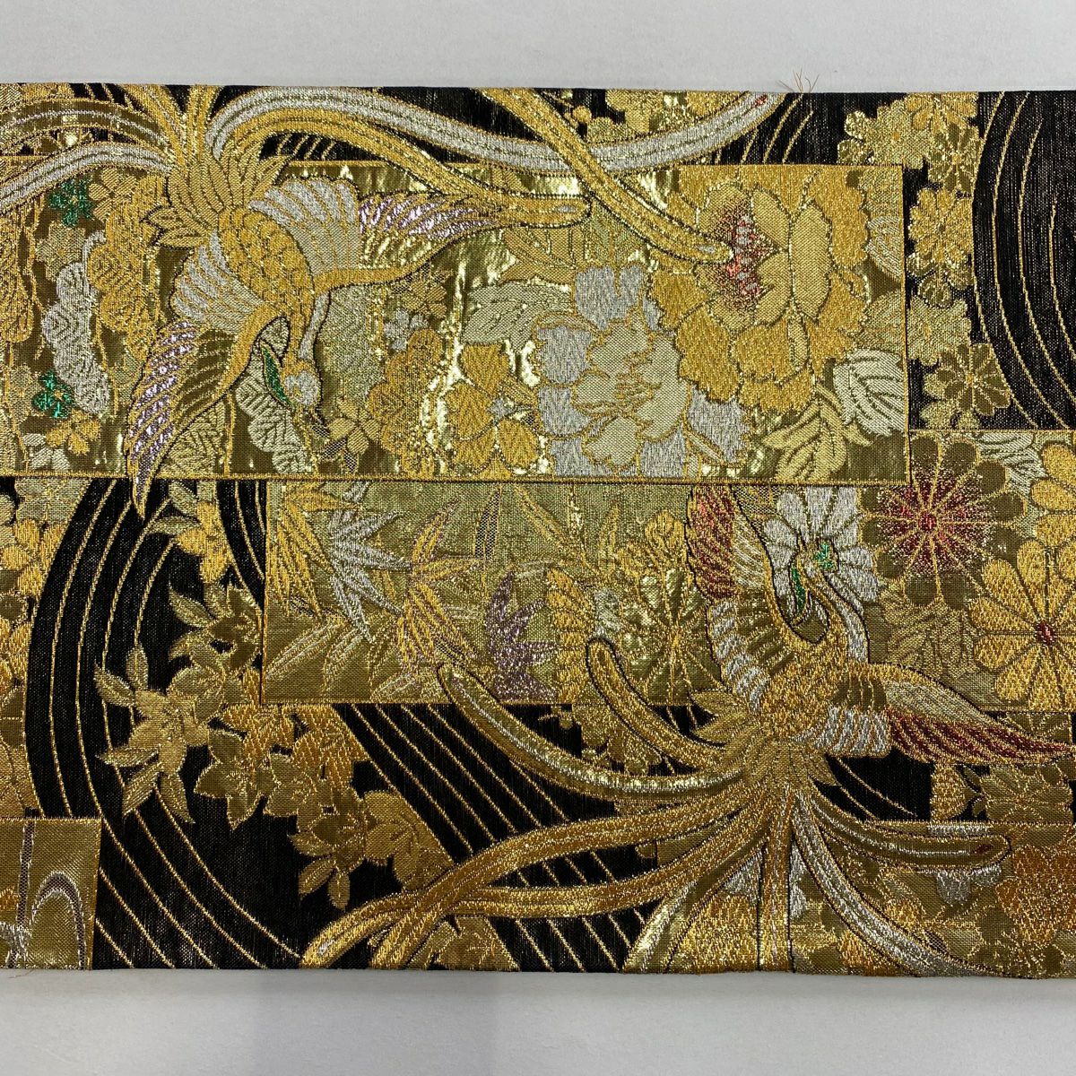 袋帶 秀品級 花鳥 波 金金箔 金絲 墨 六通 純蠶絲