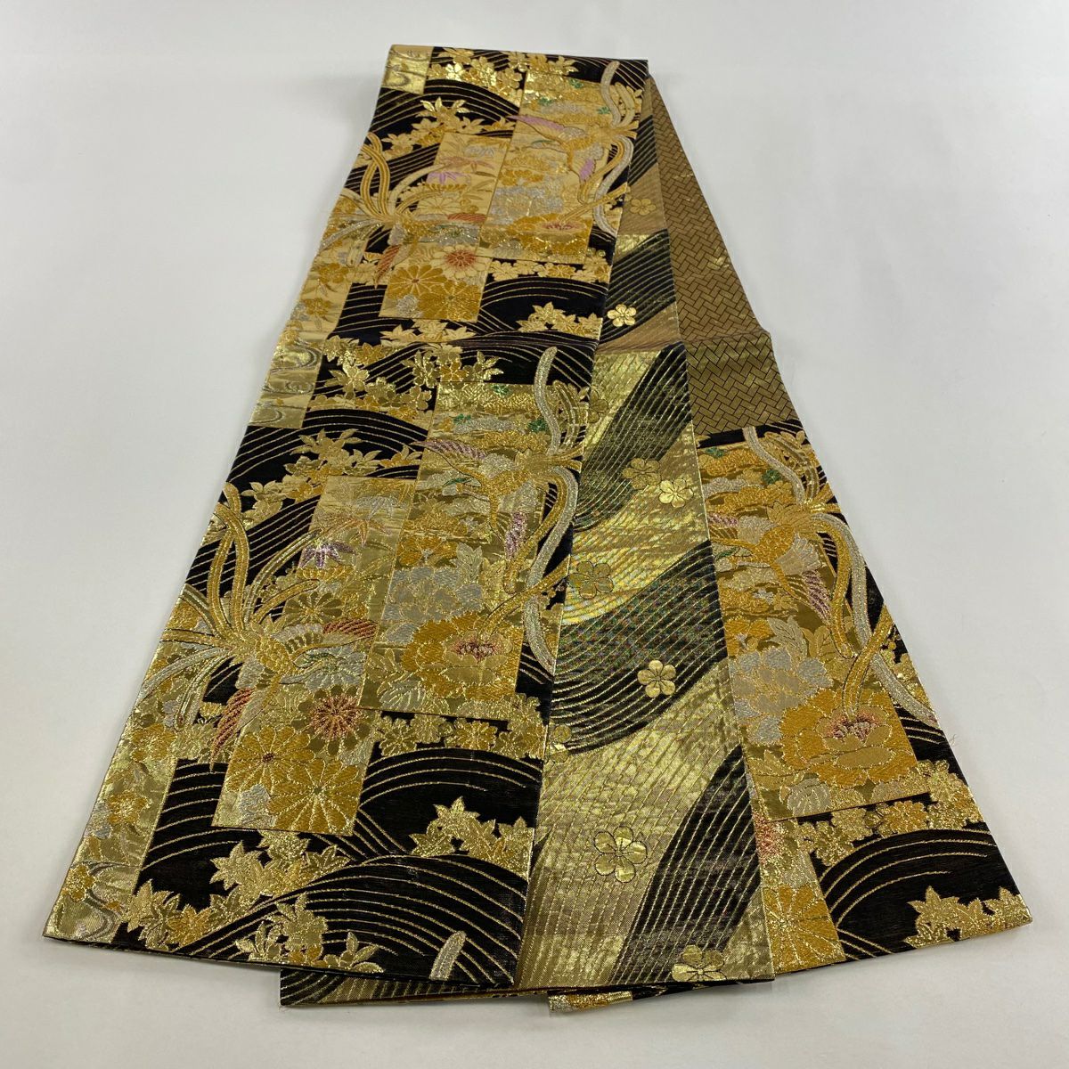 袋帶 秀品級 花鳥 波 金金箔 金絲 墨 六通 純蠶絲