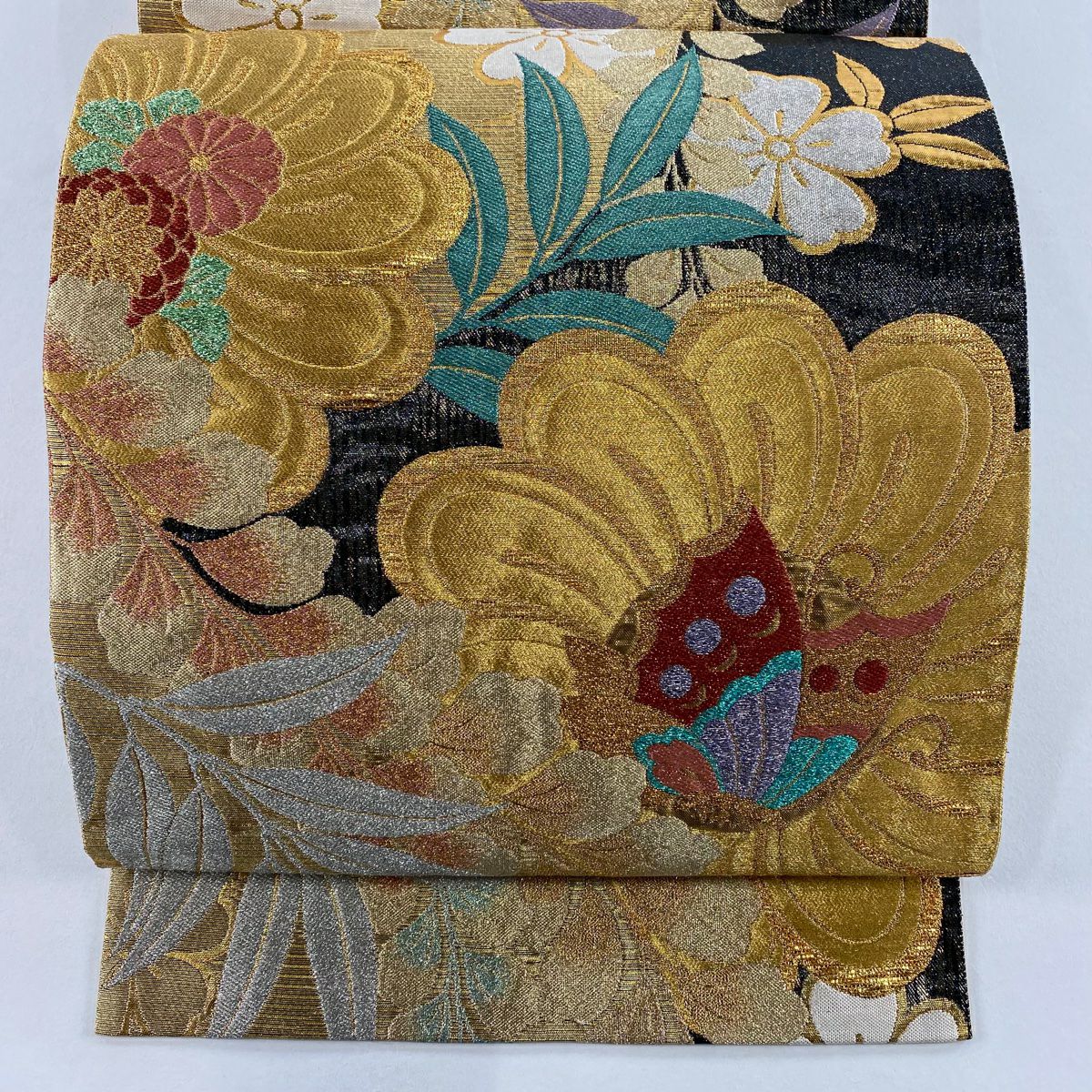 【美品】 袋帶 秀品級 樱花 蝴蝶 金銀彩 金金箔 墨色 全通 純蠶絲