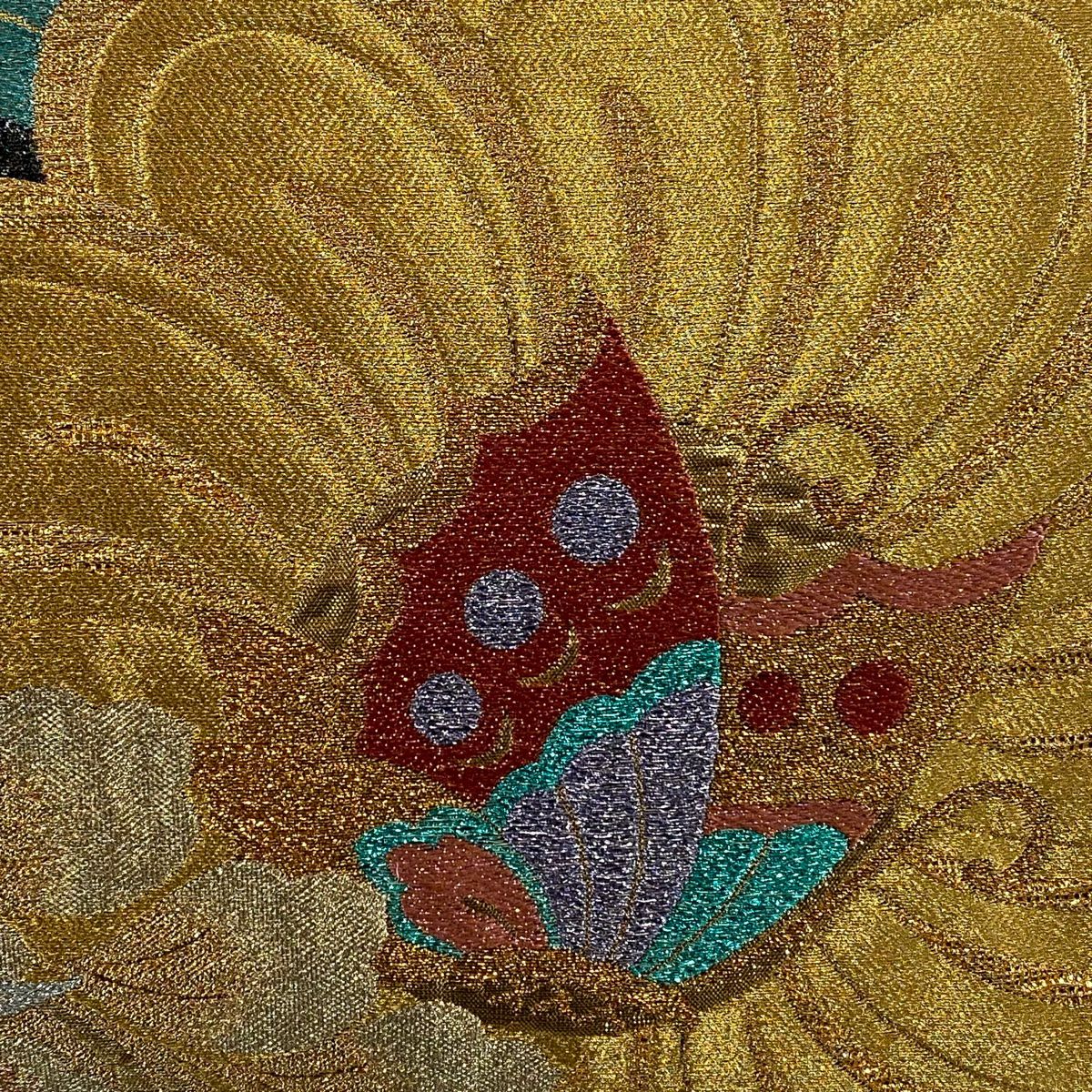 【美品】 袋帶 秀品級 樱花 蝴蝶 金銀彩 金金箔 墨色 全通 純蠶絲