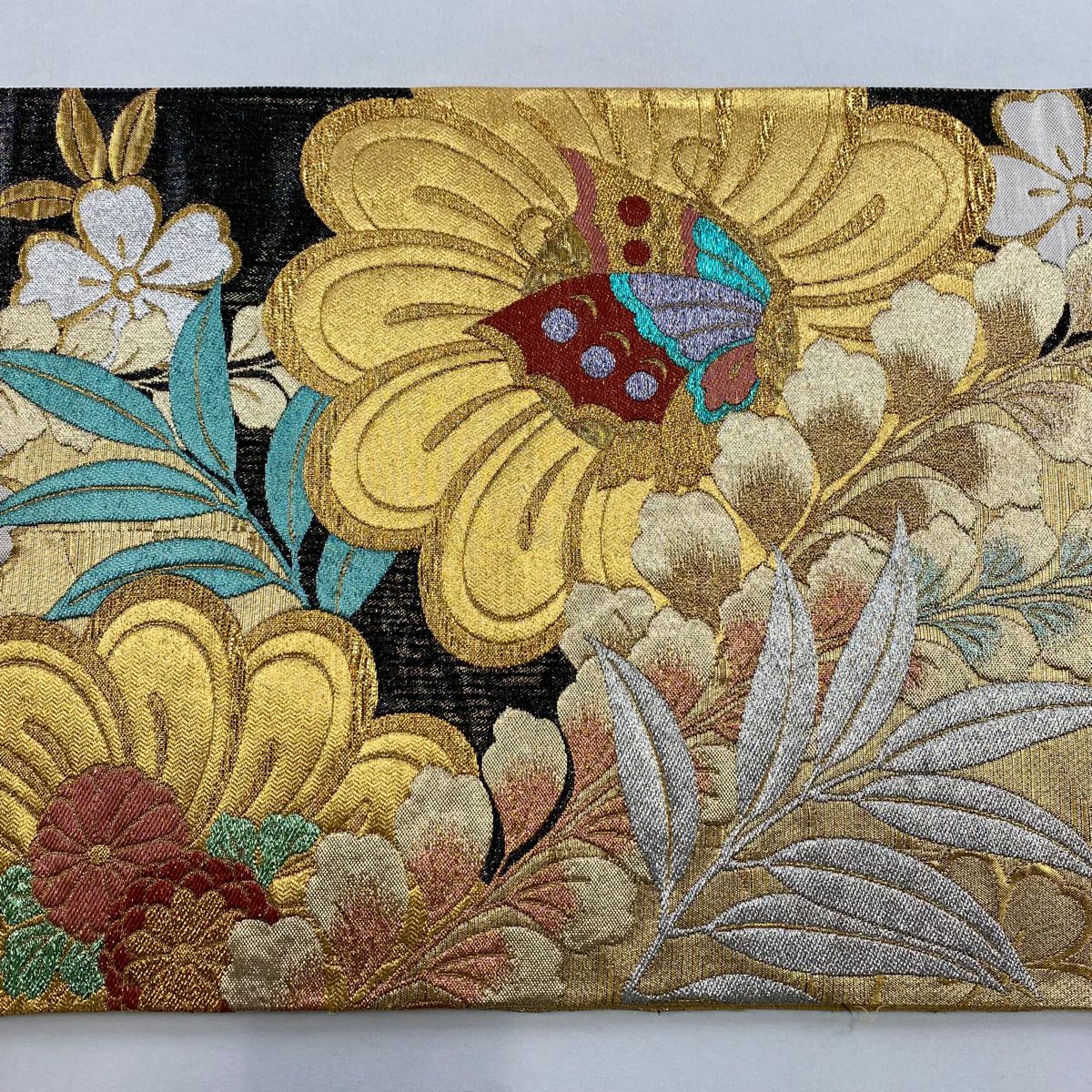 【美品】 袋帶 秀品級 樱花 蝴蝶 金銀彩 金金箔 墨色 全通 純蠶絲