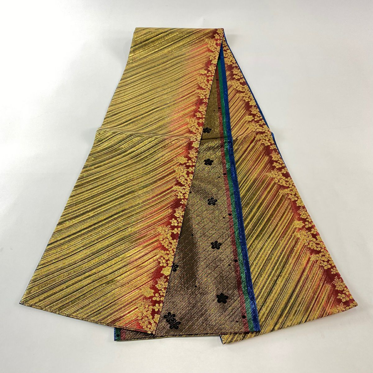 【美品】 袋帶 秀品級 振袖禮服禮服用 斜條紋 萩 金絲 金金箔 金色 全通 純蠶絲