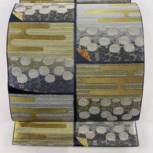 【美品】 袋帶 優品級 菊花花 霞 金絲 金金箔 灰色 六通 純蠶絲