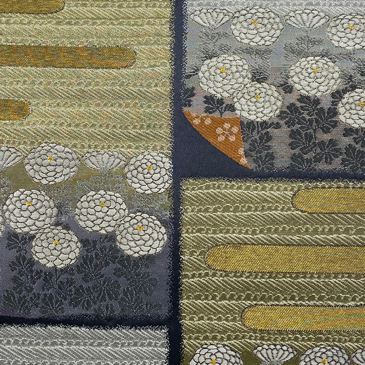 【美品】 袋帶 優品級 菊花花 霞 金絲 金金箔 灰色 六通 純蠶絲