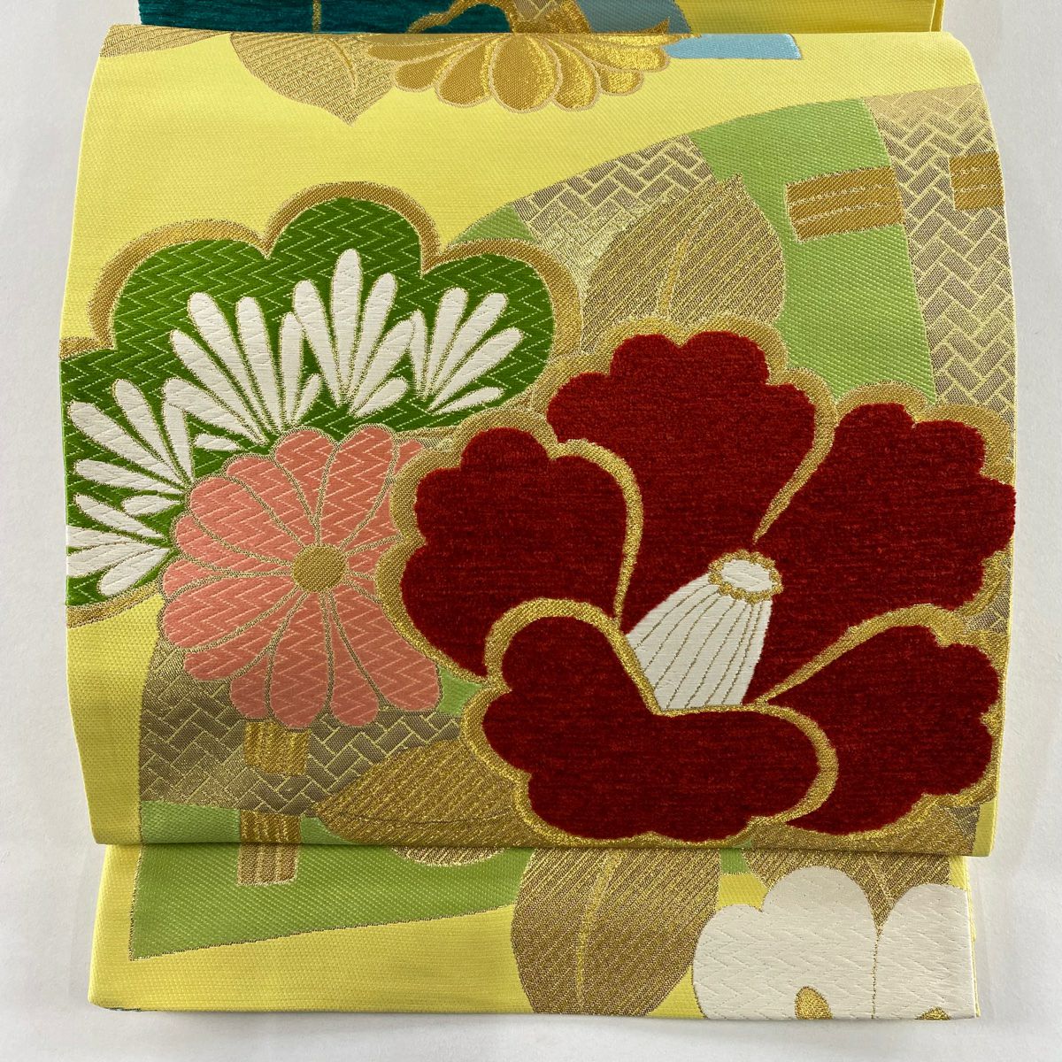 【美品】 袋帶 秀品級 椿 菊花 金絲 金金箔 黃色 六通 純蠶絲