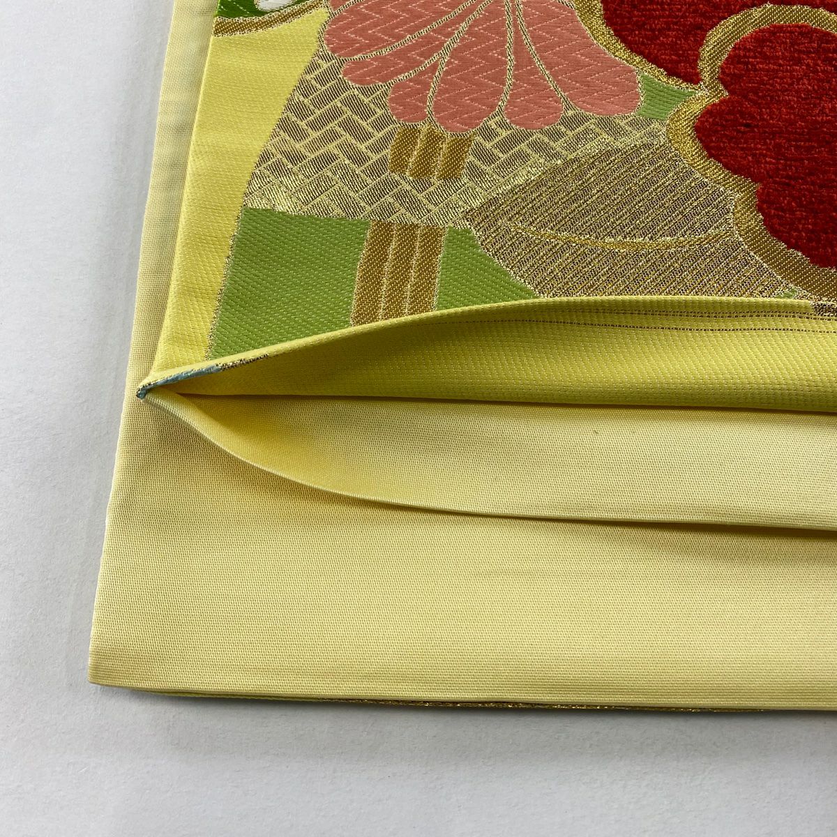 【美品】 袋帶 秀品級 椿 菊花 金絲 金金箔 黃色 六通 純蠶絲