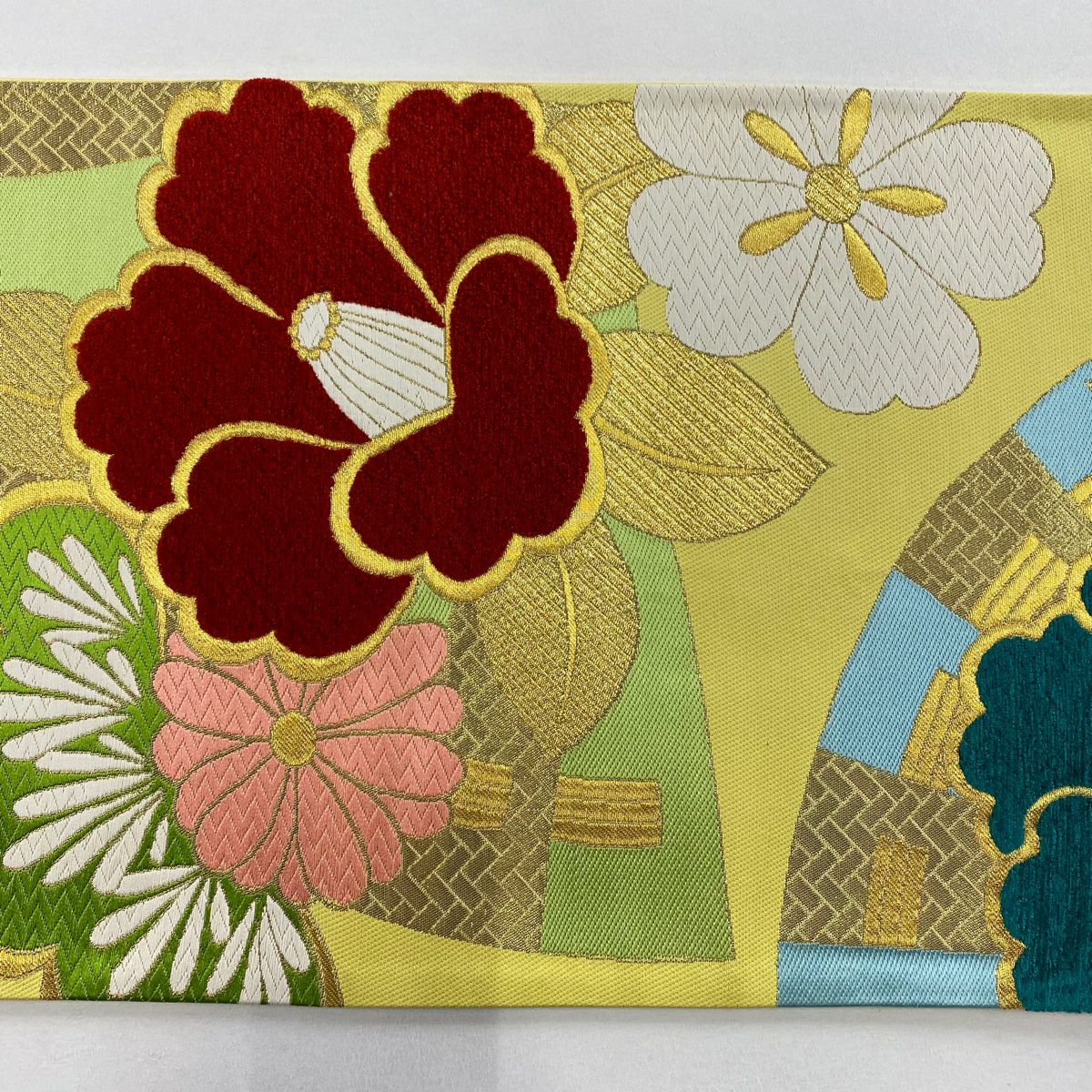【美品】 袋帶 秀品級 椿 菊花 金絲 金金箔 黃色 六通 純蠶絲