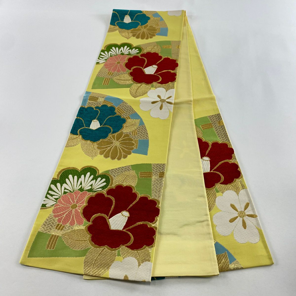 【美品】 袋帶 秀品級 椿 菊花 金絲 金金箔 黃色 六通 純蠶絲