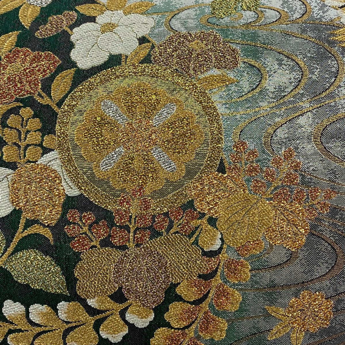 【美品】 袋帶 秀品級 草花紋 流水 金金箔 金絲 墨 六通 純蠶絲