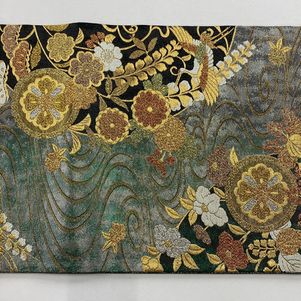 【美品】 袋帶 秀品級 草花紋 流水 金金箔 金絲 墨 六通 純蠶絲