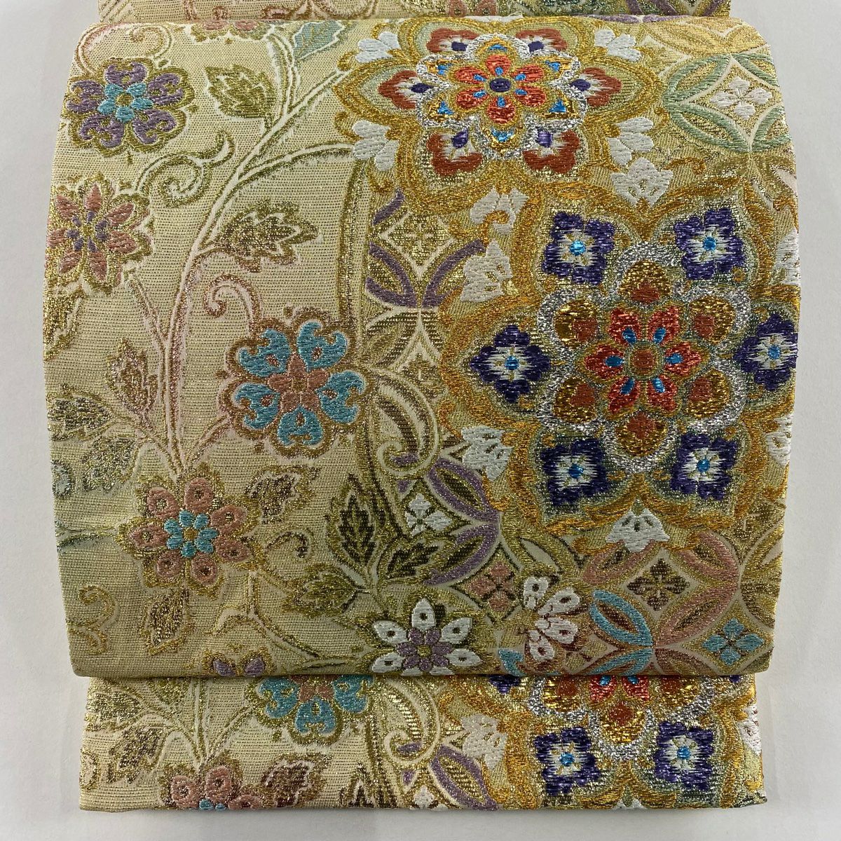 【美品】 袋帶 秀品級 華紋 櫻花 金絲 金金箔 米色 六通 純蠶絲
