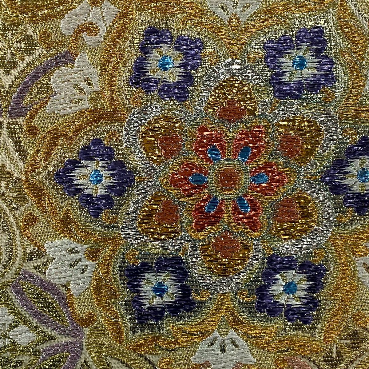 【美品】 袋帶 秀品級 華紋 櫻花 金絲 金金箔 米色 六通 純蠶絲