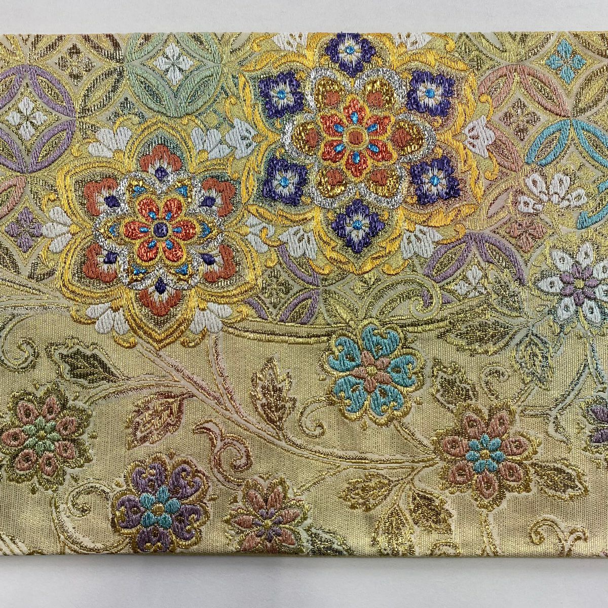 【美品】 袋帶 秀品級 華紋 櫻花 金絲 金金箔 米色 六通 純蠶絲