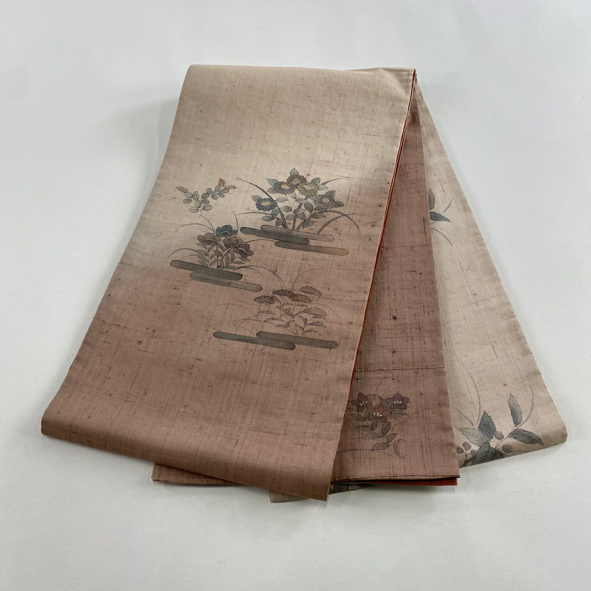 【美品】 袋帶 秀品級 紬織織 秋草 ヱ霞 薄小豆 お太鼓柄 純蠶絲