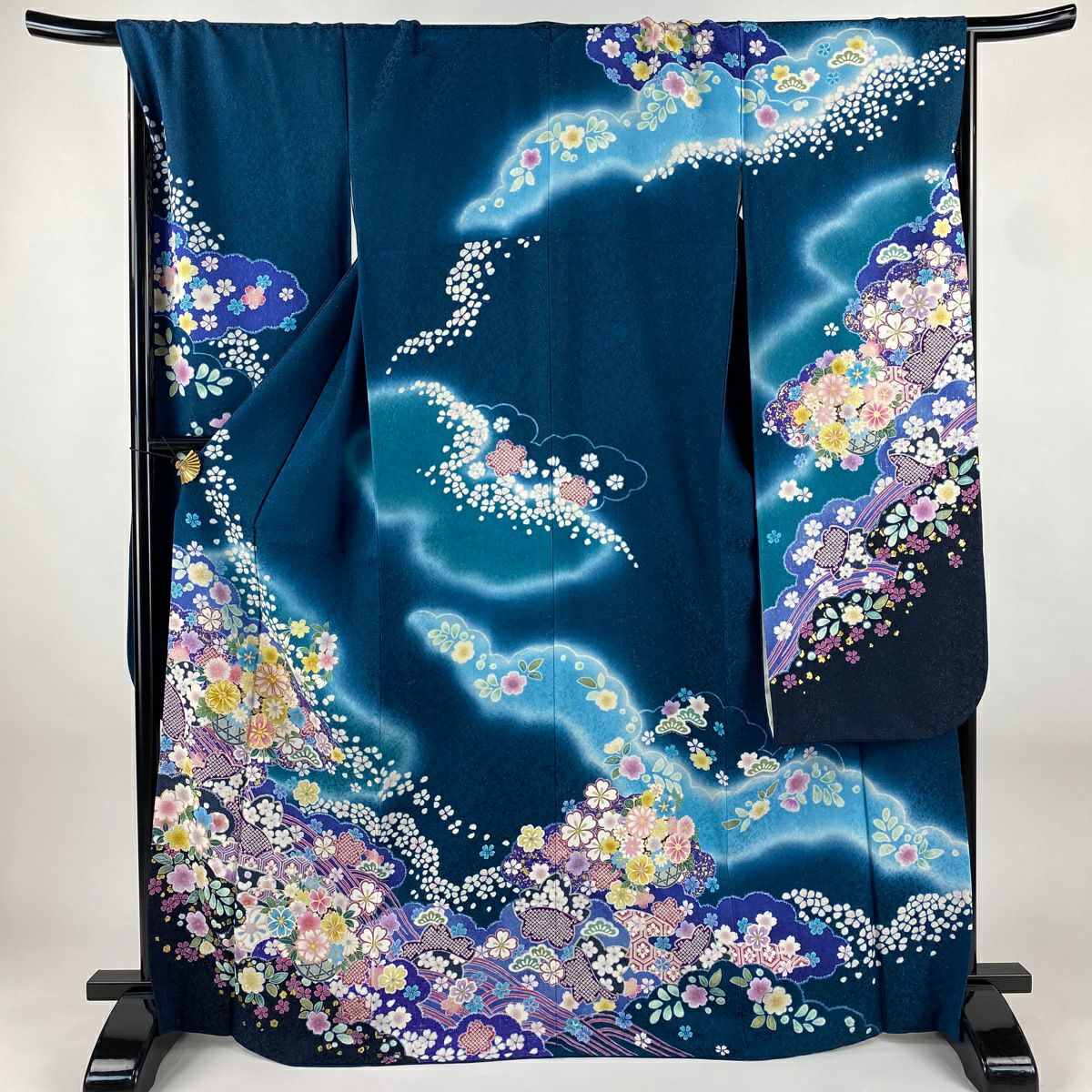 振袖禮服 身長168cm 袖長69.5cm L 雙層 雲紋 櫻花 金通 金銀彩 深藍 純蠶絲 逸品級