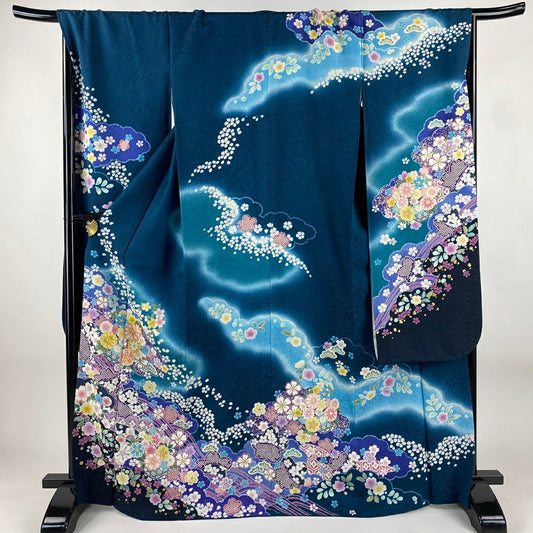 振袖禮服 身長168cm 袖長69.5cm L 雙層 雲紋 櫻花 金通 金銀彩 深藍 純蠶絲 逸品級