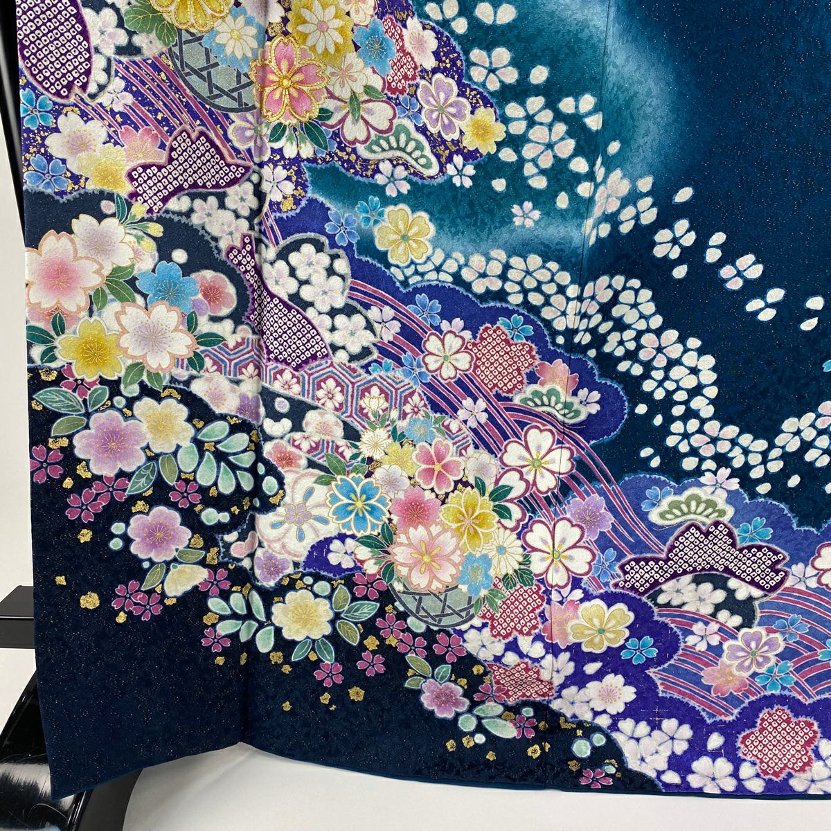 振袖禮服 身長168cm 袖長69.5cm L 雙層 雲紋 櫻花 金通 金銀彩 深藍 純蠶絲 逸品級