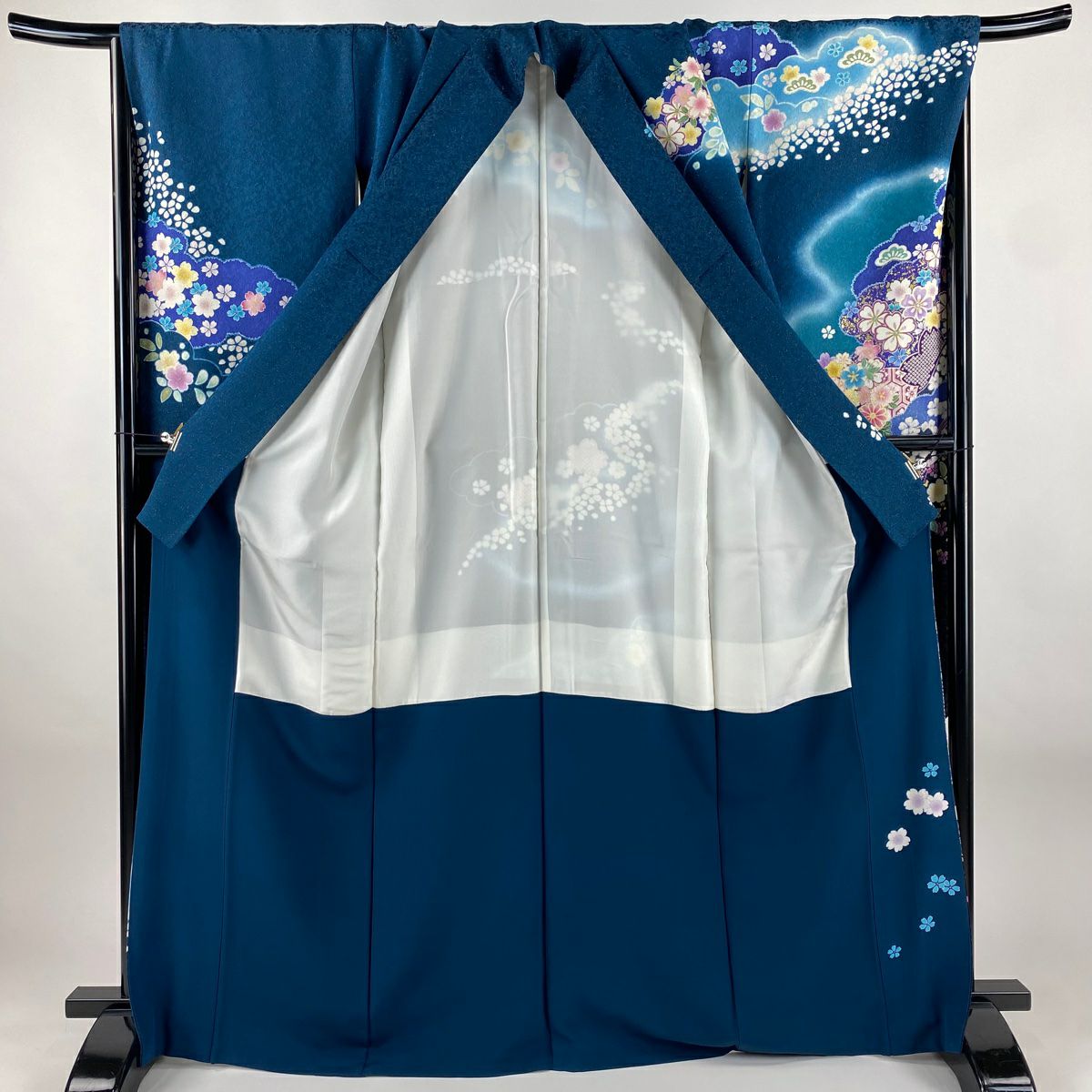 振袖禮服 身長168cm 袖長69.5cm L 雙層 雲紋 櫻花 金通 金銀彩 深藍 純蠶絲 逸品級