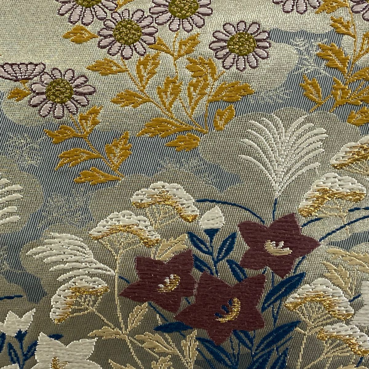 【美品】 袋帶 逸品級 秋草 雲紋 刺繡 金金箔 青灰 六通 純蠶絲