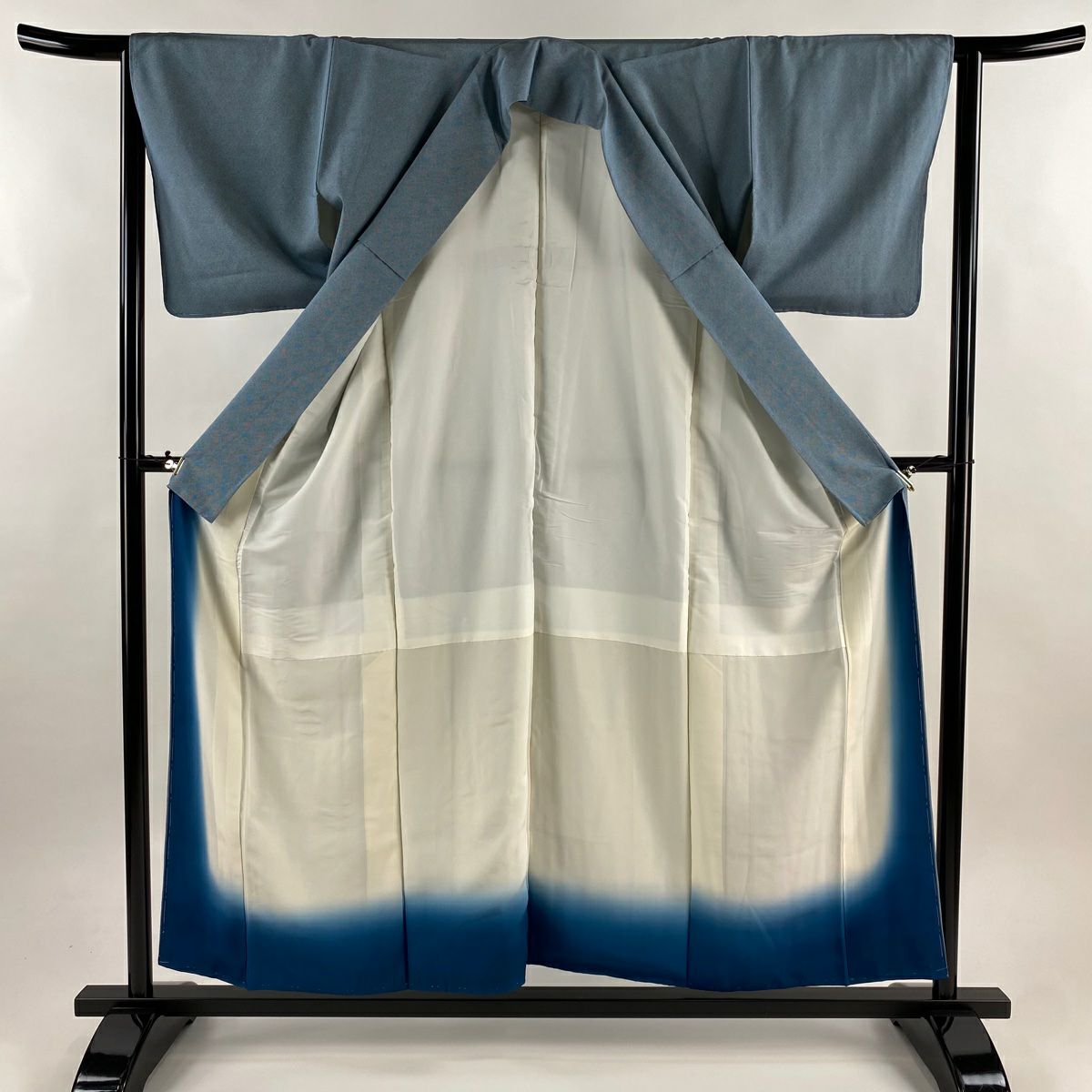 【美品】 江戶小紋 身長156cm 袖長63.5cm S 雙層 幾何學圖案 青灰 純蠶絲 名品級