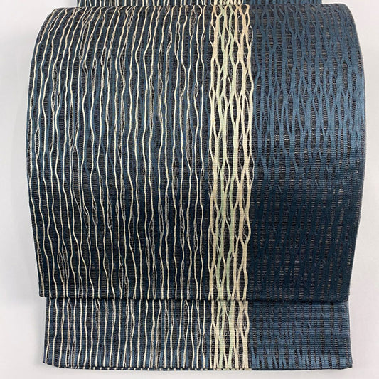 【美品】 袋帶 名品級 斜條紋 深藍 全通 純蠶絲