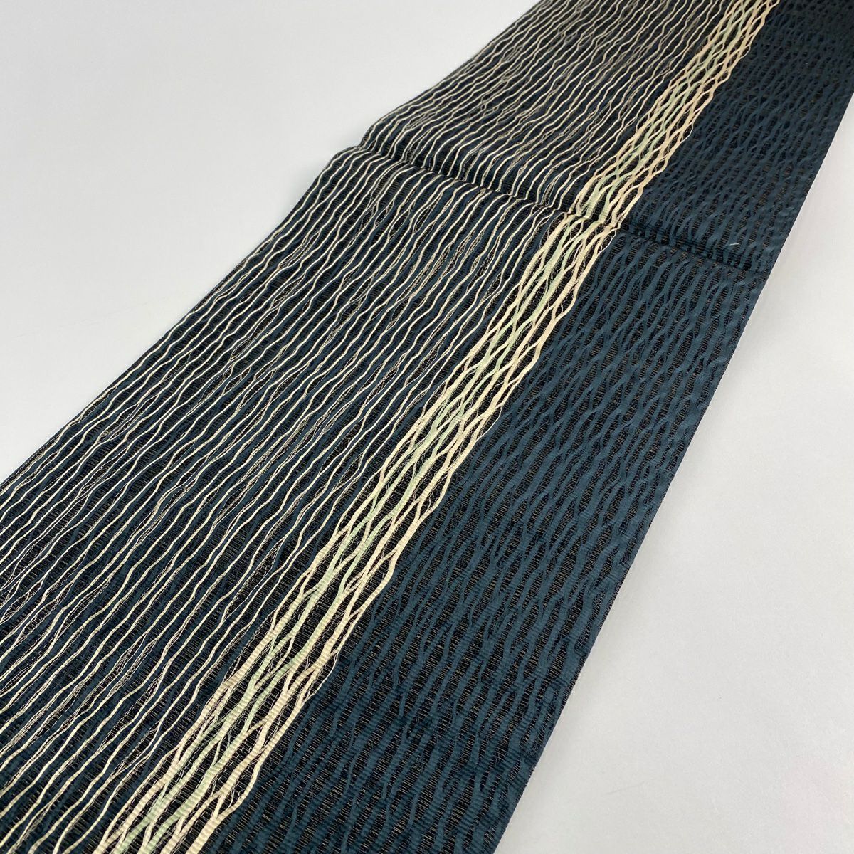 【美品】 袋帶 名品級 斜條紋 深藍 全通 純蠶絲
