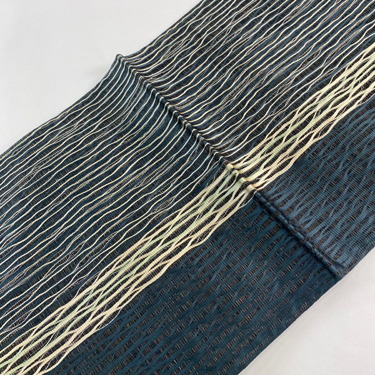 【美品】 袋帶 名品級 斜條紋 深藍 全通 純蠶絲