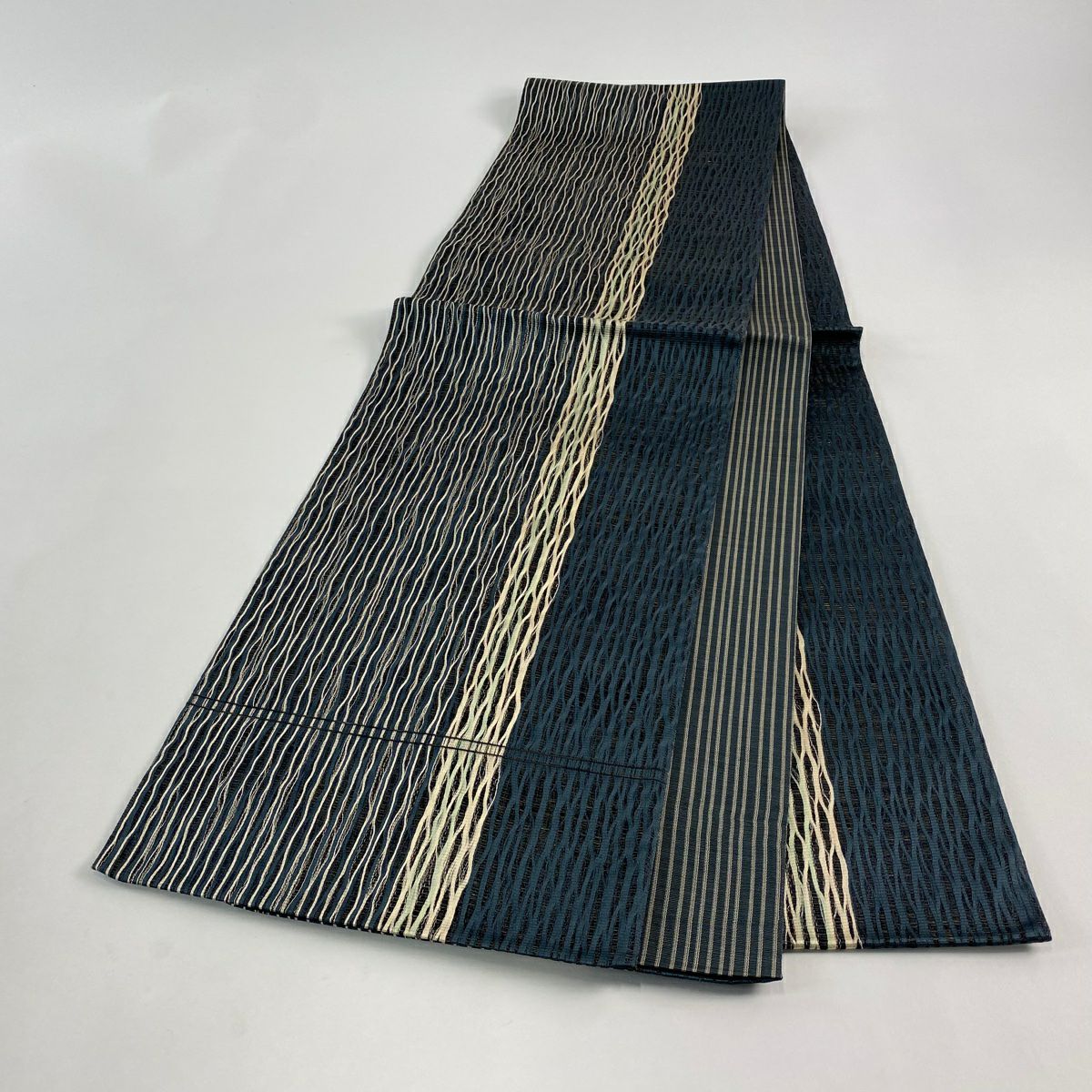 【美品】 袋帶 名品級 斜條紋 深藍 全通 純蠶絲