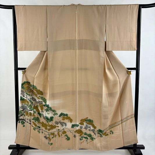 色留袖禮服 身長158.5cm 袖長65.5cm M 雙層 笠松樹 橋 漸層 米色 純蠶絲 優品級 一個紋