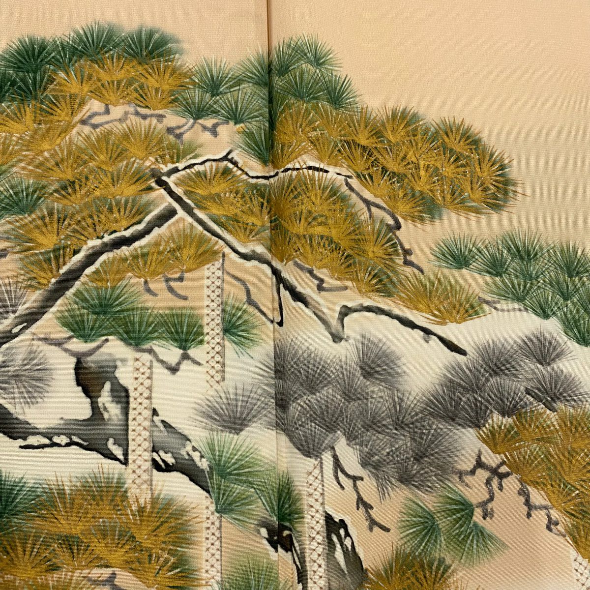 色留袖禮服 身長158.5cm 袖長65.5cm M 雙層 笠松樹 橋 漸層 米色 純蠶絲 優品級 一個紋