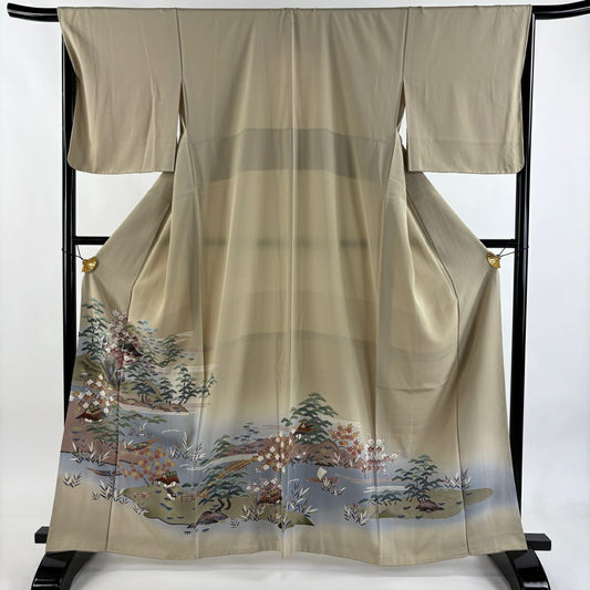 色留袖禮服 身長163.5cm 袖長66.5cm M 雙層 風景 松樹竹子梅花 漸層 米色 純蠶絲 優品級 一個紋