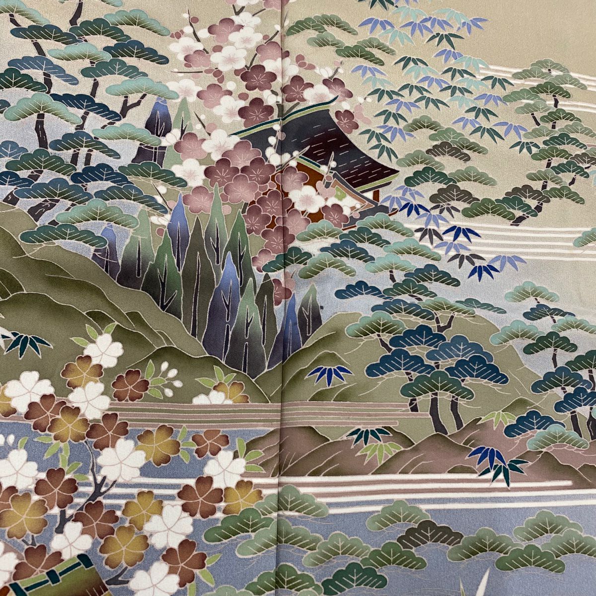 色留袖禮服 身長163.5cm 袖長66.5cm M 雙層 風景 松樹竹子梅花 漸層 米色 純蠶絲 優品級 一個紋