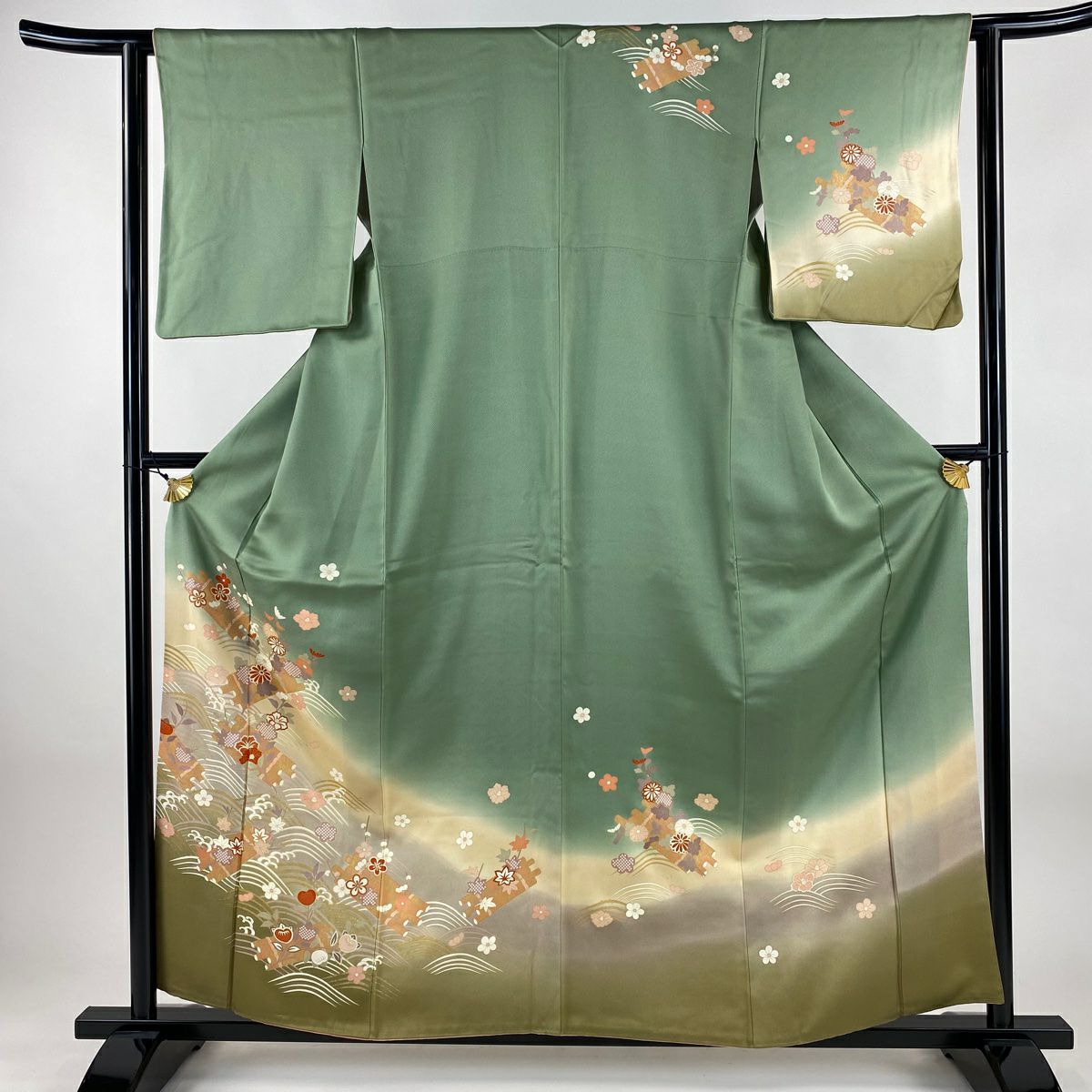 訪問服 身長159.5cm 袖長62cm S 雙層 花筏 波 金銀彩 漸層 灰綠 純蠶絲 秀品級