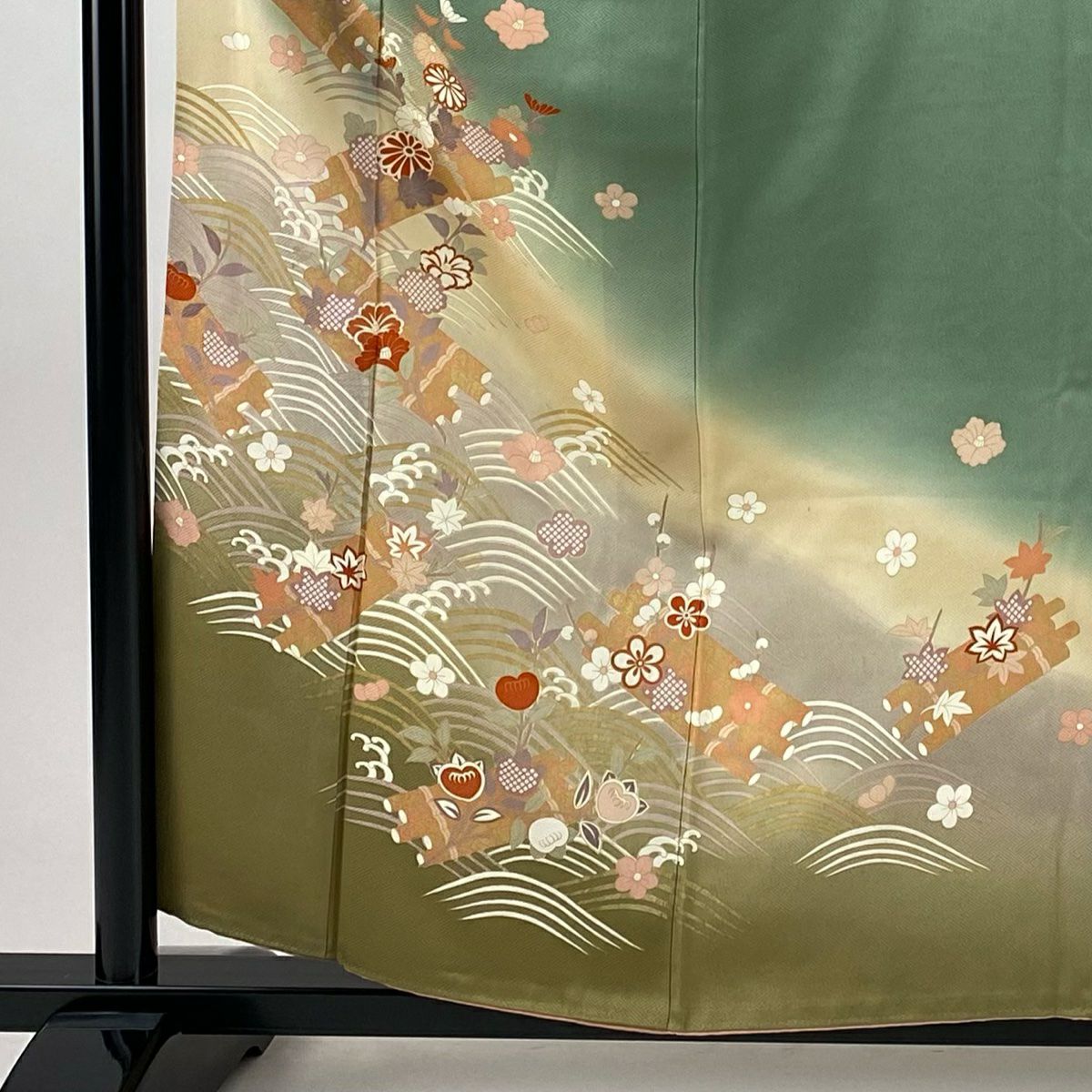 訪問服 身長159.5cm 袖長62cm S 雙層 花筏 波 金銀彩 漸層 灰綠 純蠶絲 秀品級