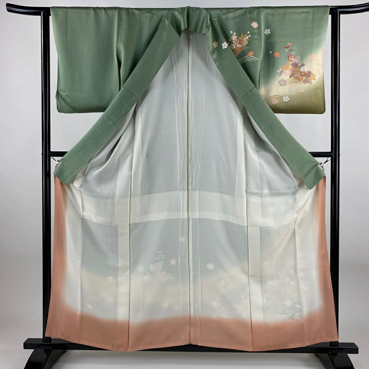訪問服 身長159.5cm 袖長62cm S 雙層 花筏 波 金銀彩 漸層 灰綠 純蠶絲 秀品級