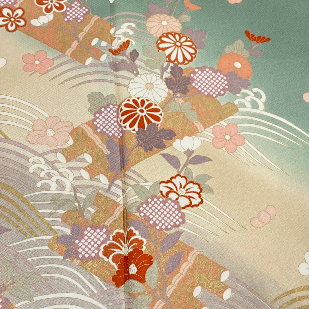 訪問服 身長159.5cm 袖長62cm S 雙層 花筏 波 金銀彩 漸層 灰綠 純蠶絲 秀品級