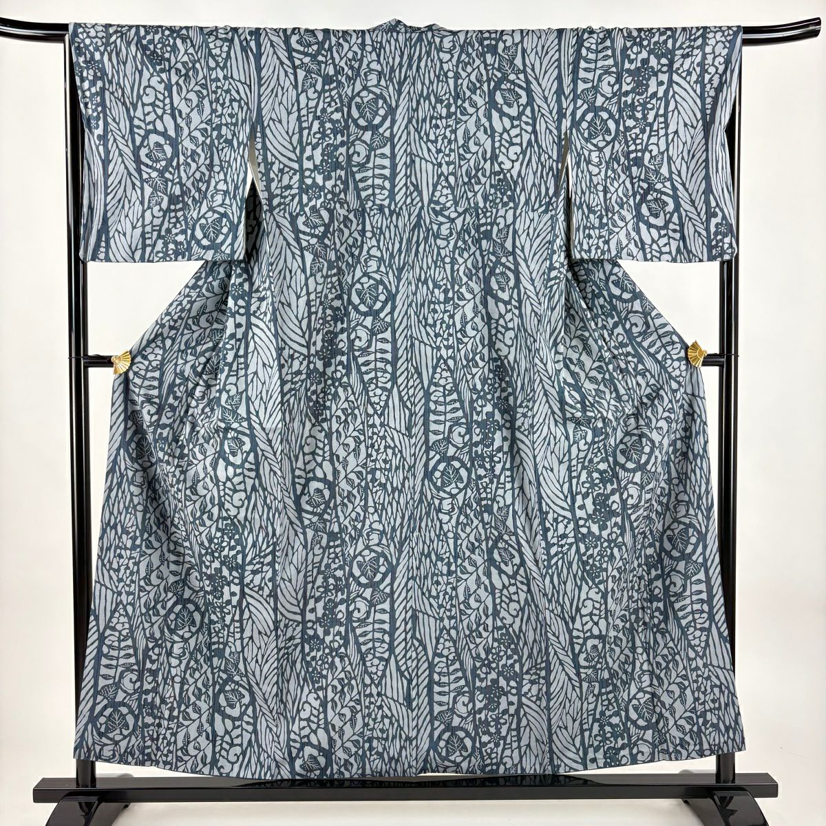 【美品】 小紋 身長155cm 袖長66cm M 雙層 紬織織 梅花葉紋 青灰色 純蠶絲 秀品級