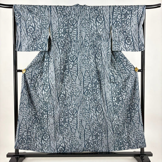 【美品】 小紋 身長155cm 袖長66cm M 雙層 紬織織 梅花葉紋 青灰色 純蠶絲 秀品級
