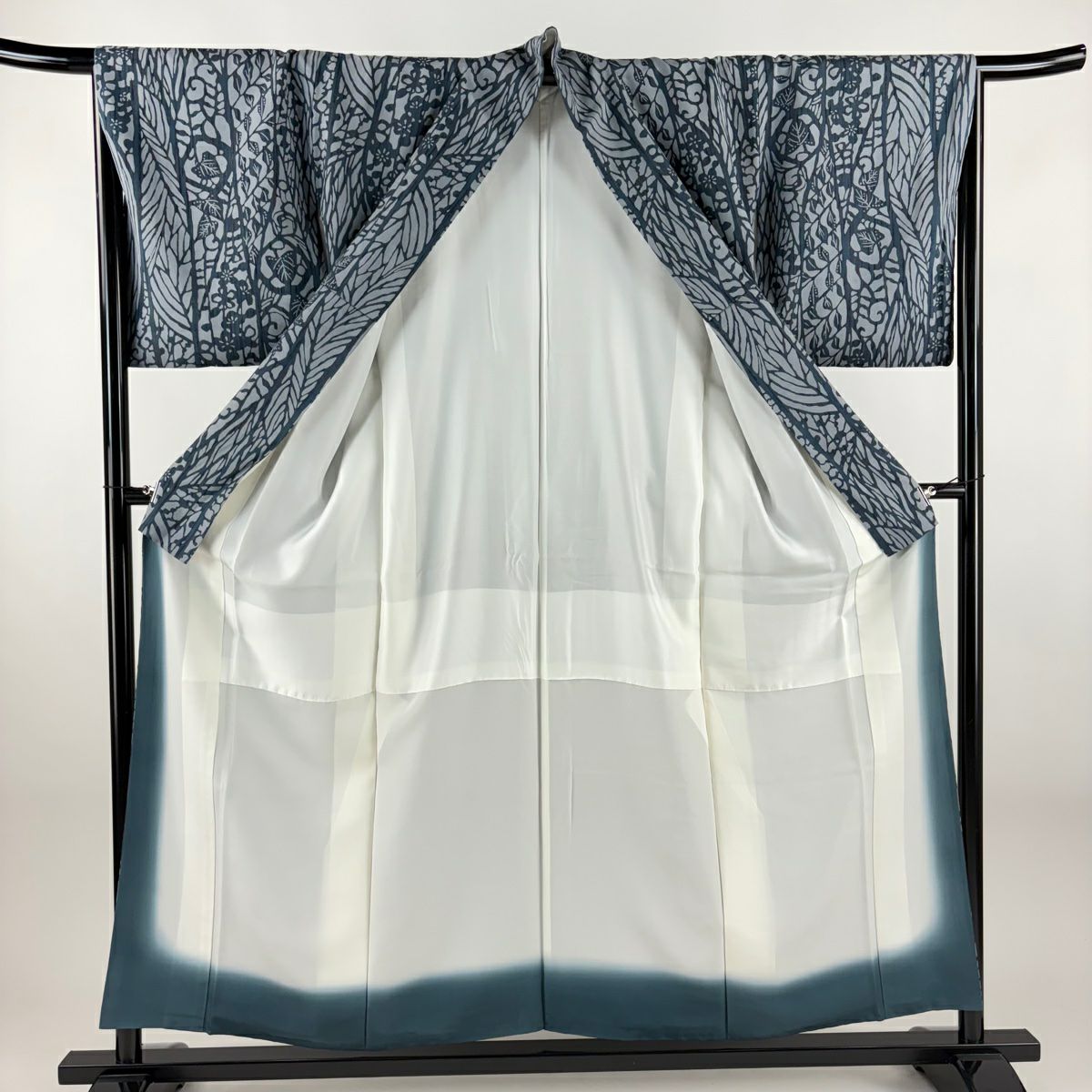 【美品】 小紋 身長155cm 袖長66cm M 雙層 紬織織 梅花葉紋 青灰色 純蠶絲 秀品級