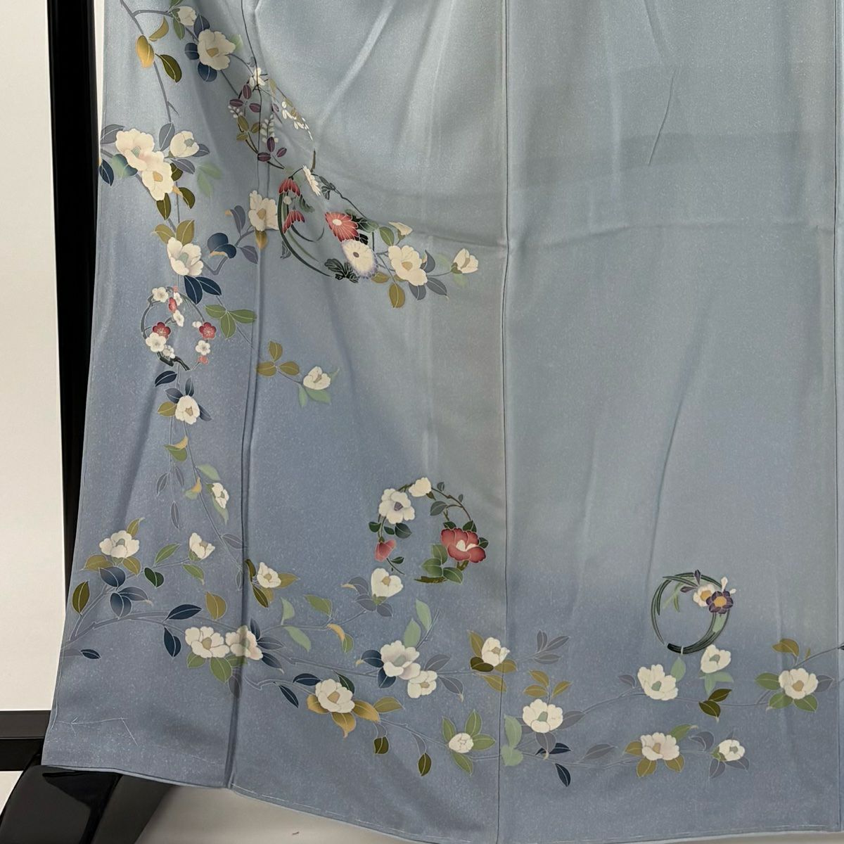 訪問服 身長164cm 袖長68cm L 雙層 花丸紋 椿 漸層 青灰 純蠶絲 優品級