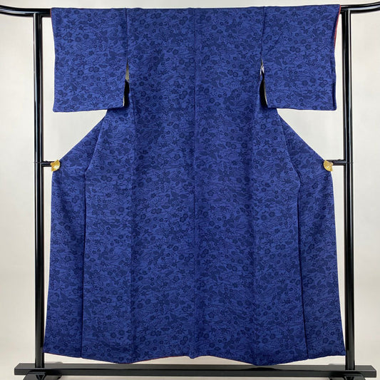 【美品】 小紋 身長152.5cm 袖長60.5cm S 雙層 ますいわ屋 梅花 松樹葉 絞織 深藍 純蠶絲 秀品級