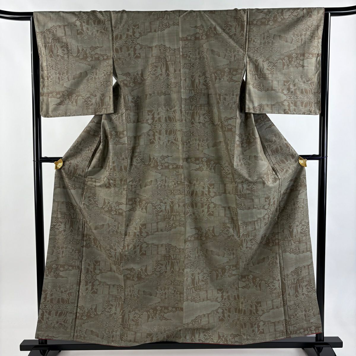 【美品】 紬織 身長158cm 袖長65.5cm M 雙層 科普特 雲紋 灰綠 純蠶絲 秀品級