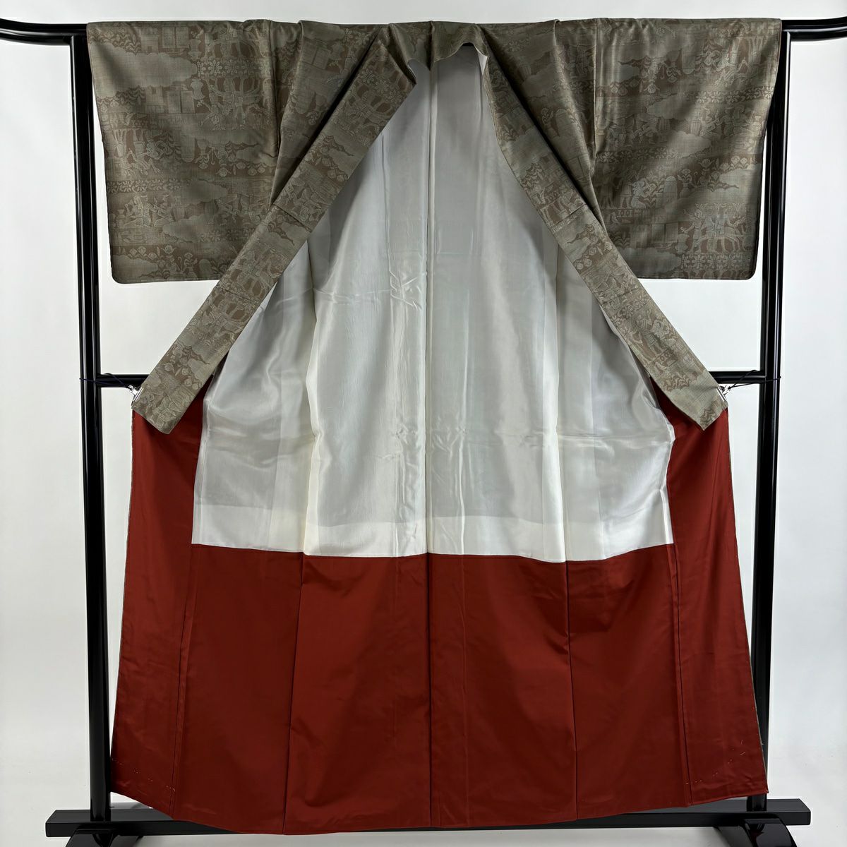 【美品】 紬織 身長158cm 袖長65.5cm M 雙層 科普特 雲紋 灰綠 純蠶絲 秀品級