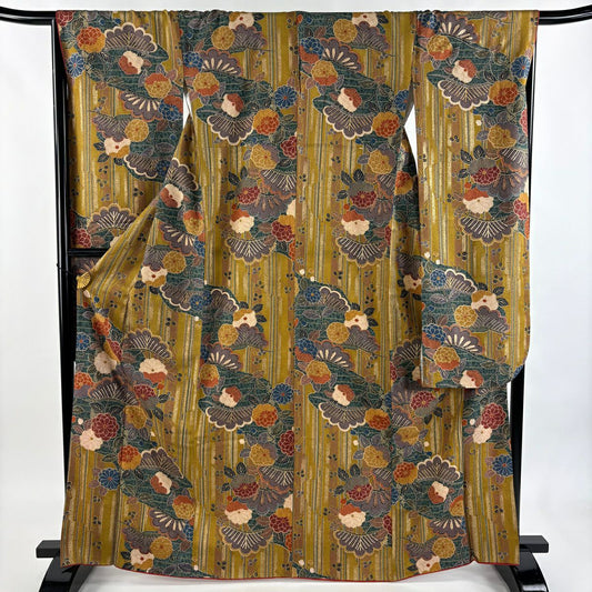 【美品】振袖禮服 身長166cm 袖長67cm M 雙層 菊花 松樹 金銀彩 黃土 純蠶絲 秀品級