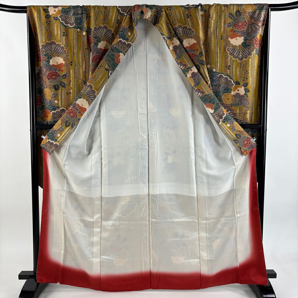 【美品】振袖禮服 身長166cm 袖長67cm M 雙層 菊花 松樹 金銀彩 黃土 純蠶絲 秀品級