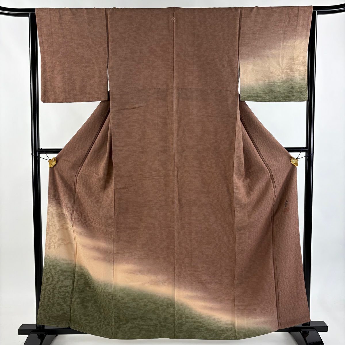 付下 身長160.5cm 袖長64.5cm M 雙層 大久保玄才 落款あり 霞 染分 ぼかし 小豆 純蠶絲 秀品級 一つ紋