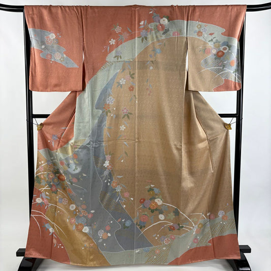 【美品】訪問服 身長164.5cm 袖長67cm M 雙層 菊花 枝梅花 金絲 金銀彩 鮭粉色 純蠶絲 秀品級