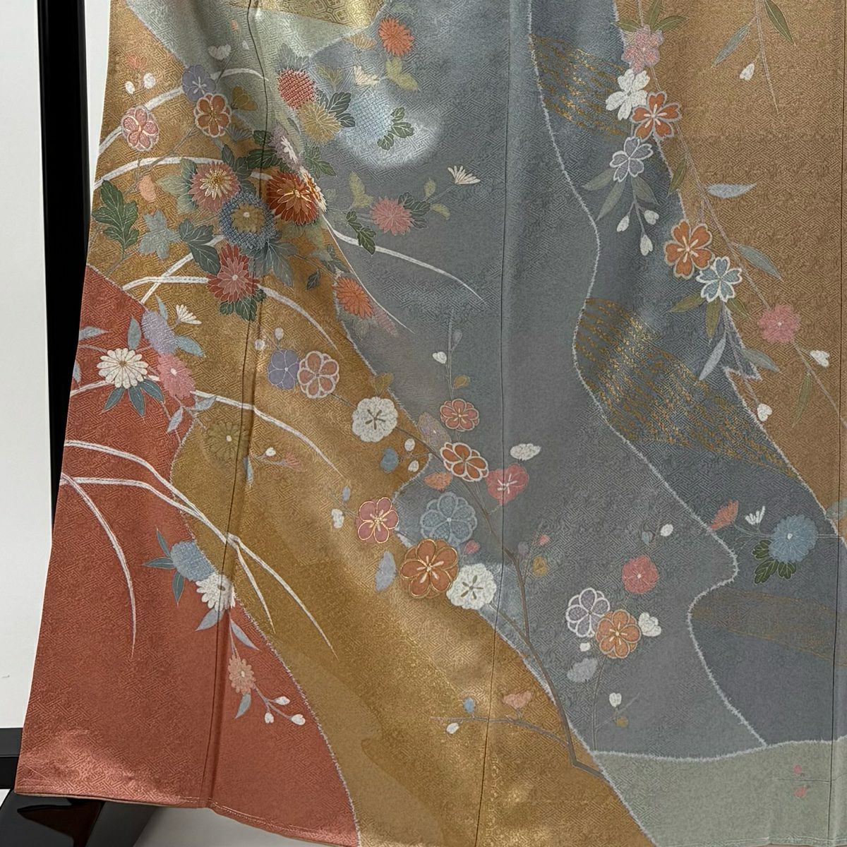 【美品】訪問服 身長164.5cm 袖長67cm M 雙層 菊花 枝梅花 金絲 金銀彩 鮭粉色 純蠶絲 秀品級