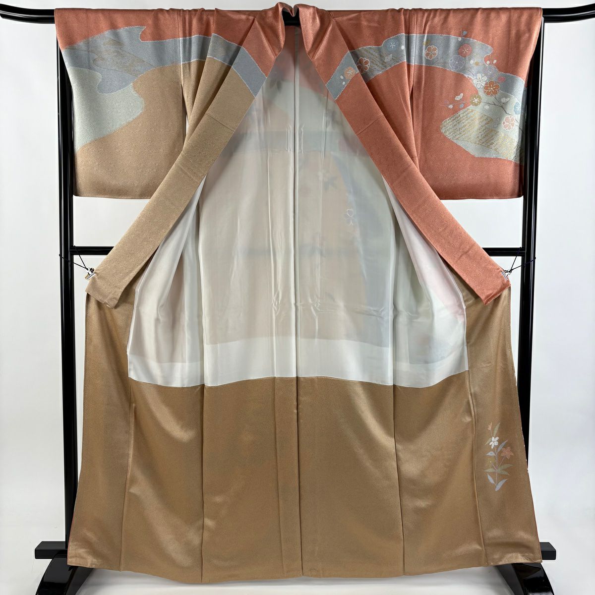 【美品】訪問服 身長164.5cm 袖長67cm M 雙層 菊花 枝梅花 金絲 金銀彩 鮭粉色 純蠶絲 秀品級